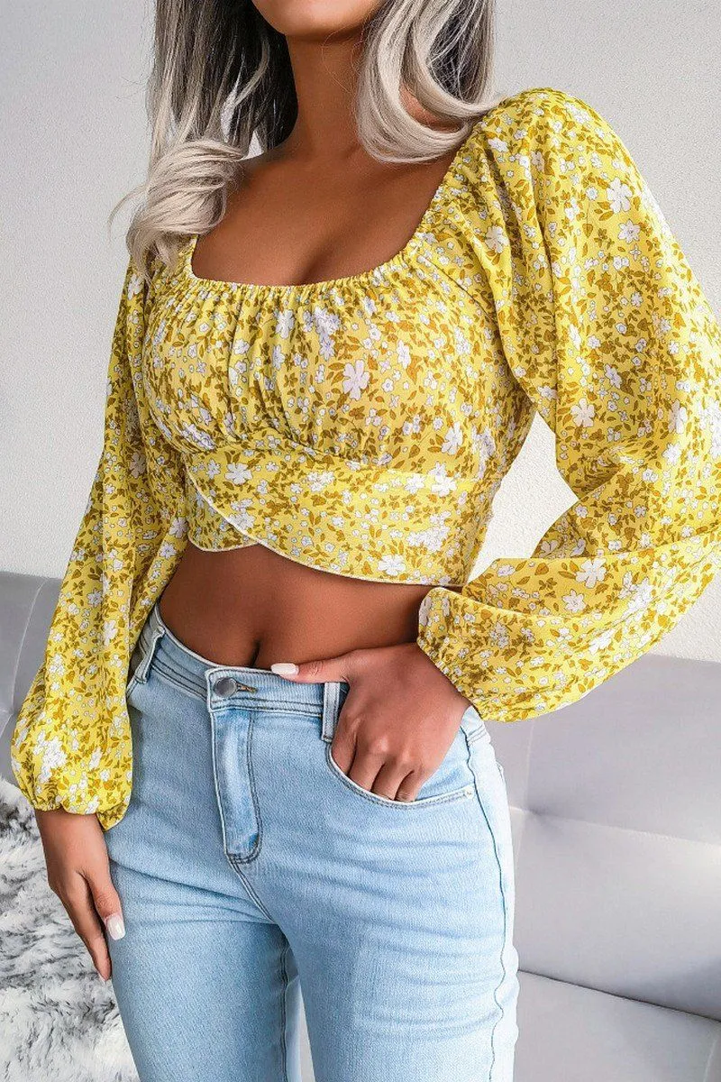 V-neck Shirt LANTERN SLEEVE BOW FLORAL CHIFFON CROP BLOUSE