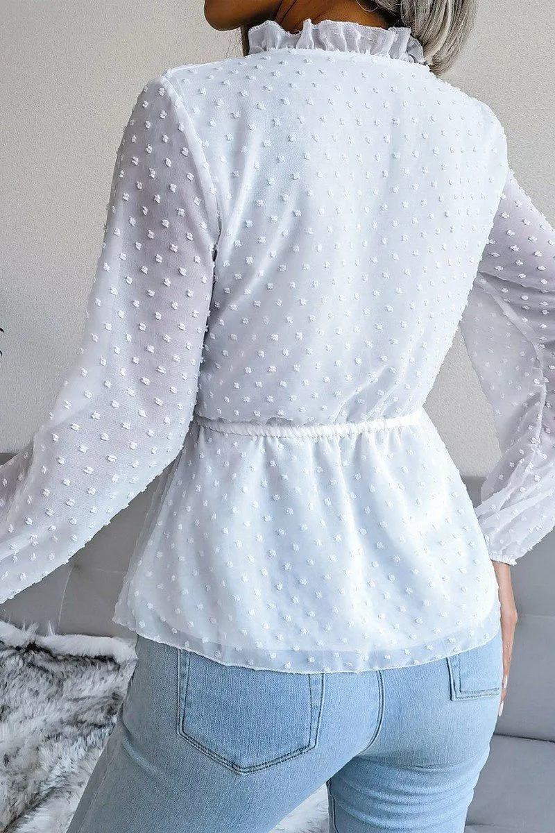 LANTERN SLEEVE RUFFLED SWISS DOT CHIFFON TUNIC Breathable Mesh Back