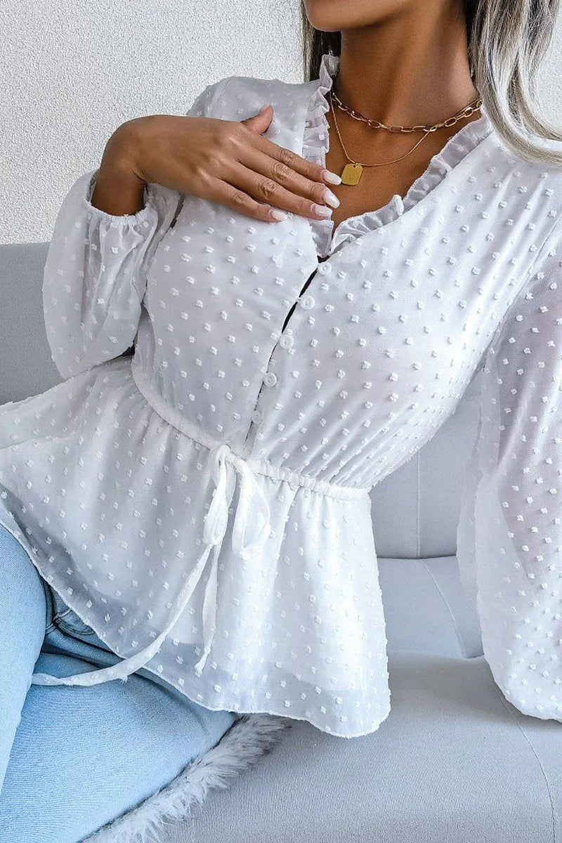 Fade Resistant Coating AllPurposeWear LANTERN SLEEVE RUFFLED SWISS DOT CHIFFON TUNIC