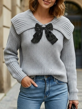 Large lapel bow-tie pullover sweater BreathableMeshPanel