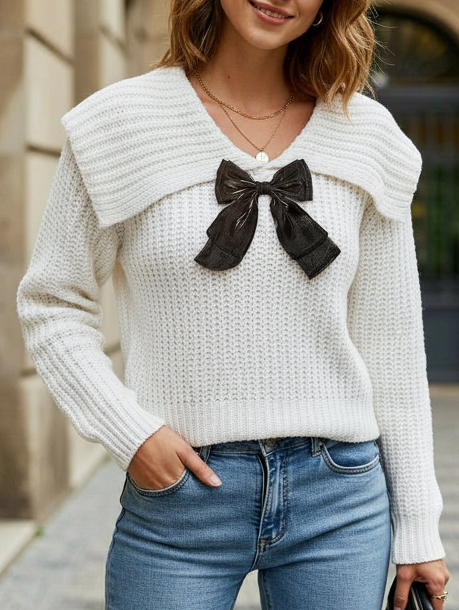 Large lapel bow-tie pullover sweater Layered Neckline Details YarnBlend