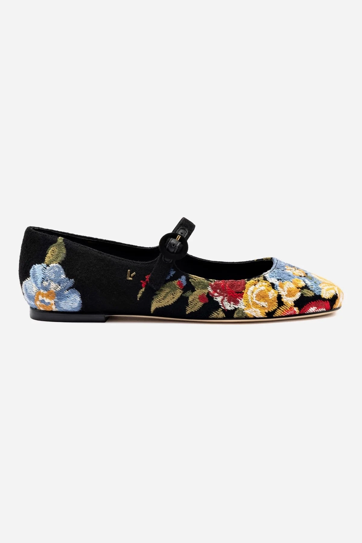 Gold Tone Larroud x Markarian Flat In Black Wool and Floral Embroidery