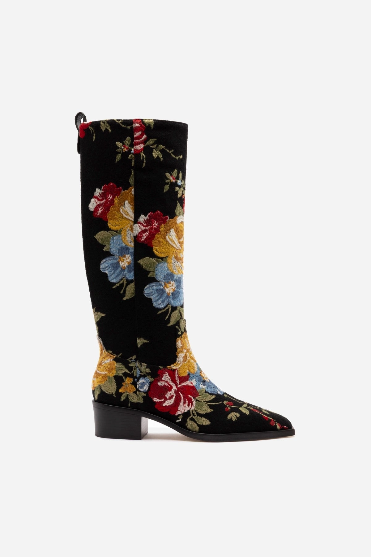 Non Slip Tread Pattern Peak Mode Larroud x Markarian Florencia Boot In Floral Embroidery Black Fabric