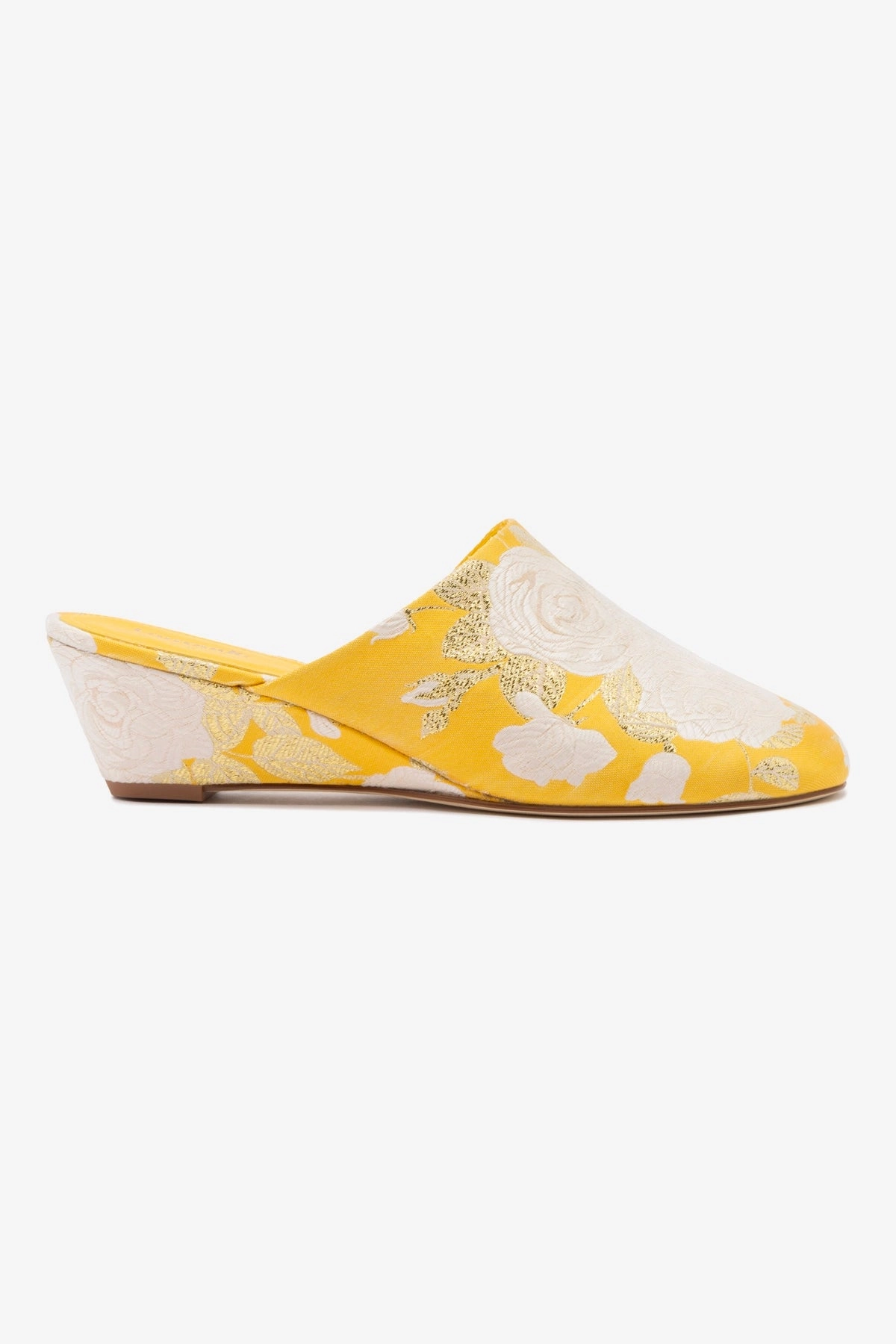 Larroud x Markarian Venice Wedge In Yellow Floral Brocade Lightweight Form Rainy Day
