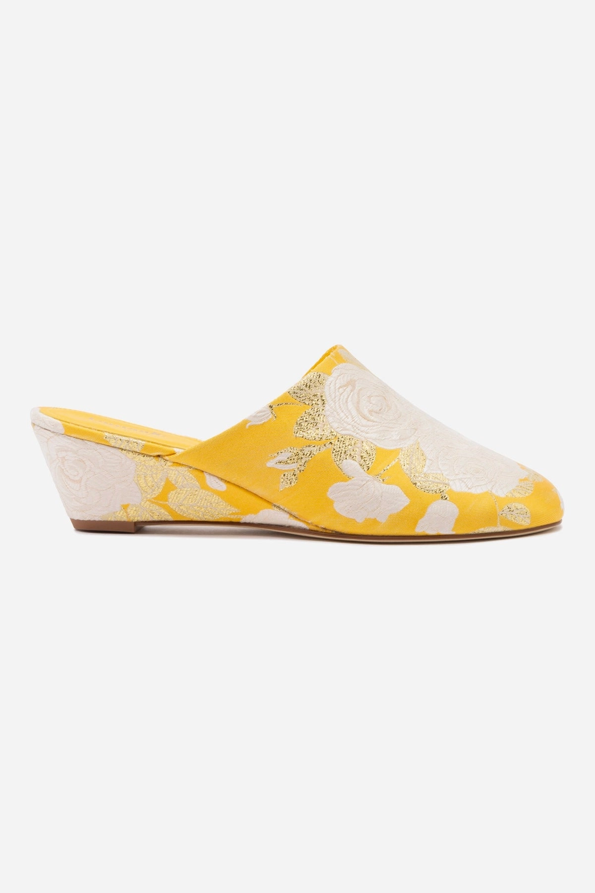 Larroud x Markarian Venice Wedge In Yellow Floral Brocade Arch support