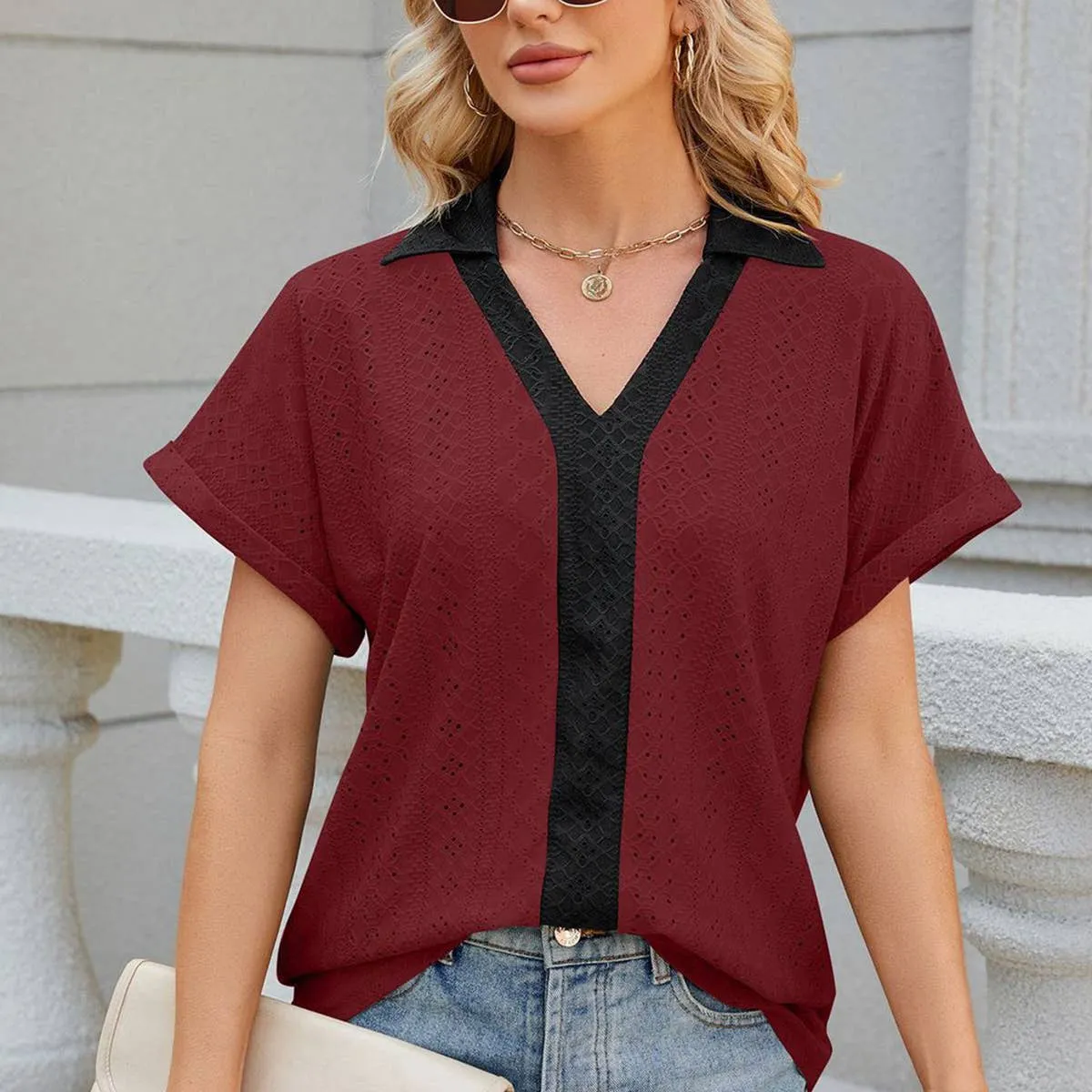 COLLARED SHORT SLEEVE CASUAL T-SHIRT BLOUSE_CWTBLS0515 AdjustableCuffs Ribbed Trims