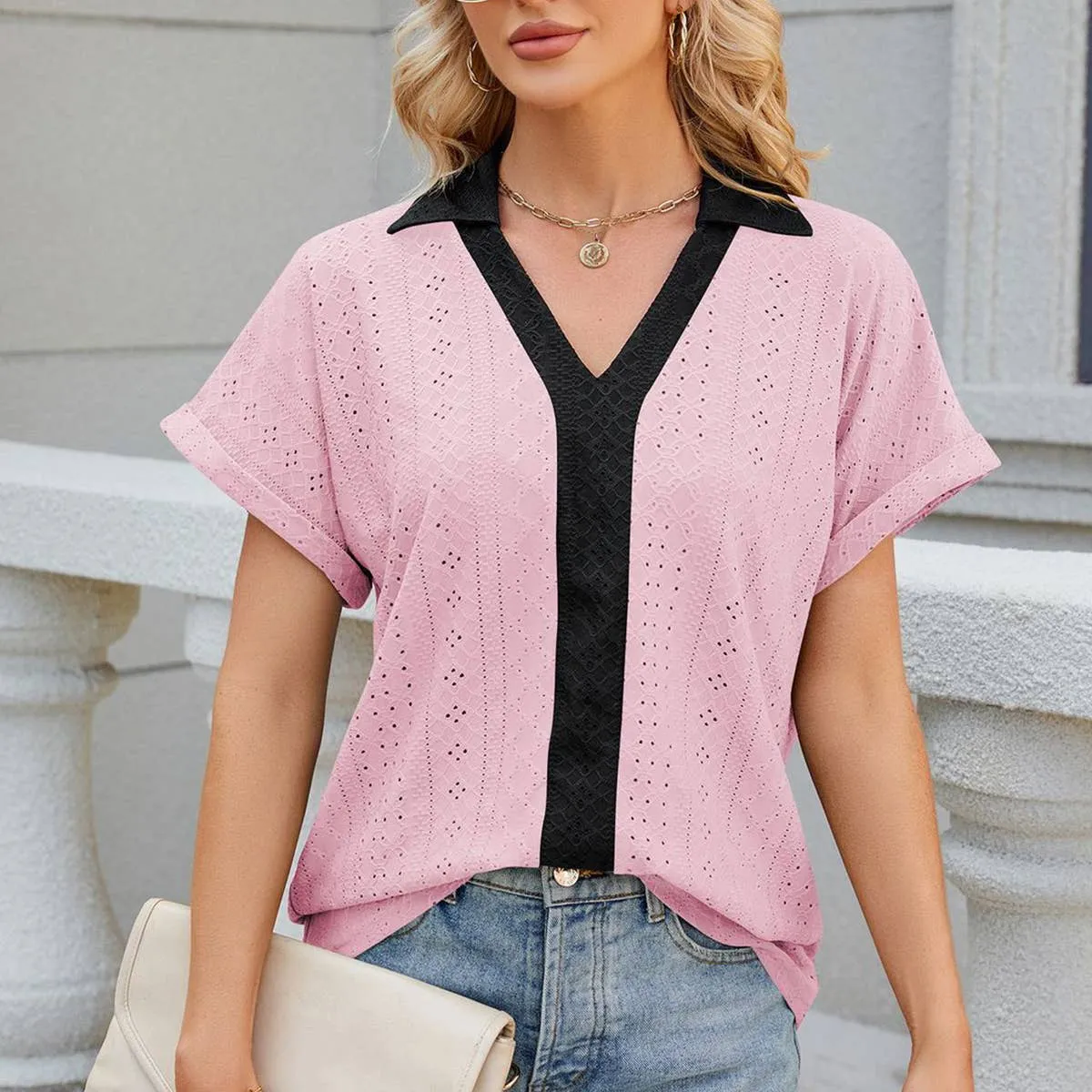 Quick Release Fastener Durable Weave COLLARED SHORT SLEEVE CASUAL T-SHIRT BLOUSE_CWTBLS0515