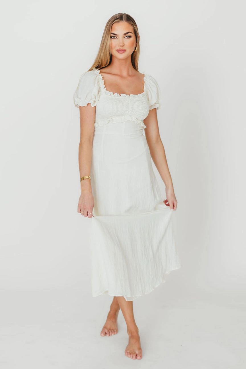 Penny Puff Sleeve Ruffle Midi Dress in Cream Loose Flow
