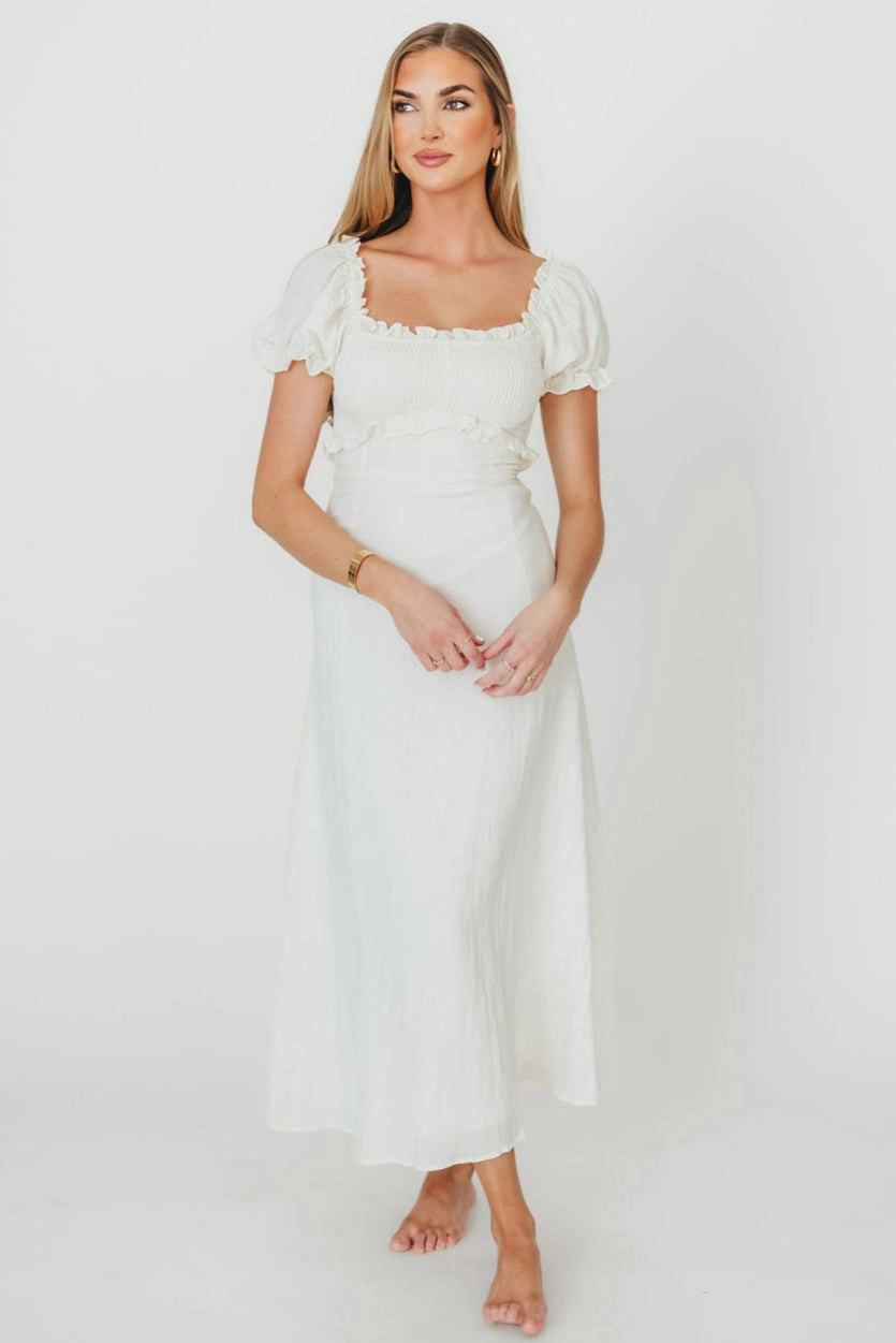 Penny Puff Sleeve Ruffle Midi Dress in Cream Chilly Day Comfort