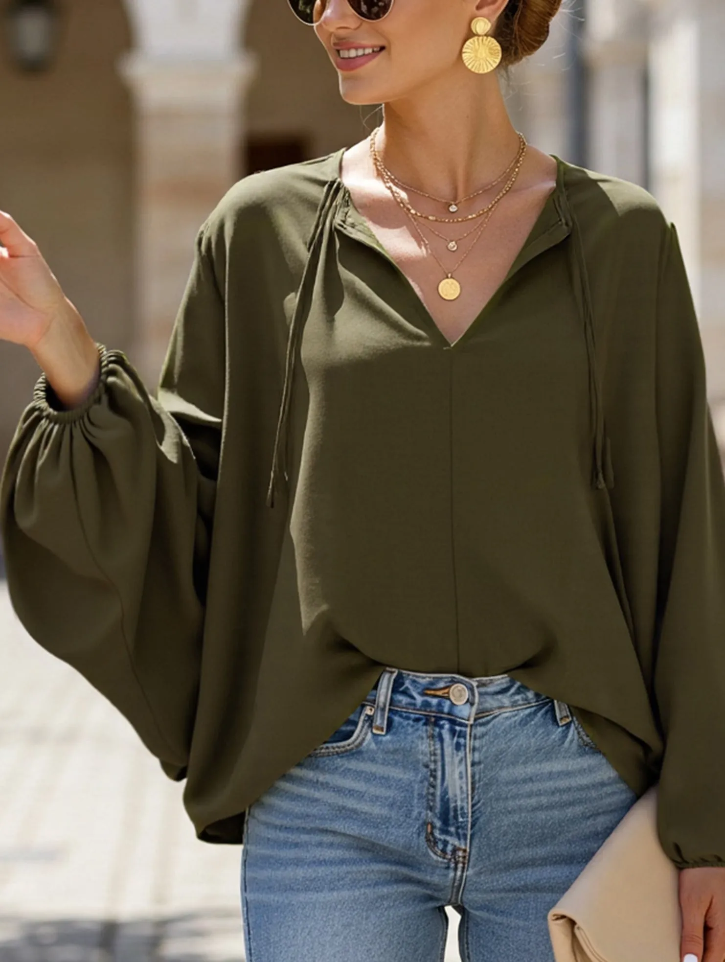 AthleisureCompatible OdorResistant Coating Short V-Neck Lace-Up Casual Top for Women