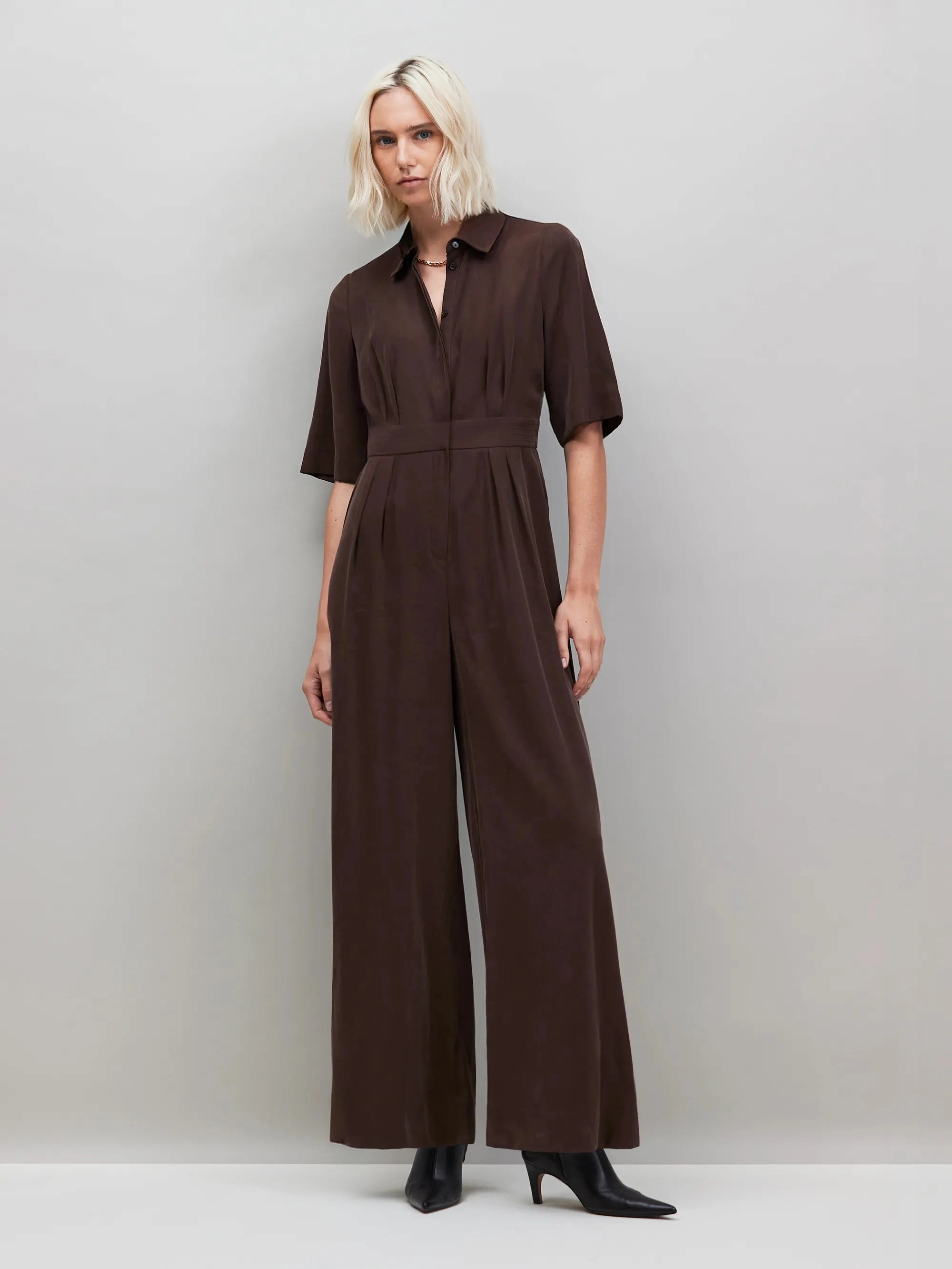 Elastic Edge Binding Stretchable Neckline Chocolate Brown Tailored Jumpsuit
