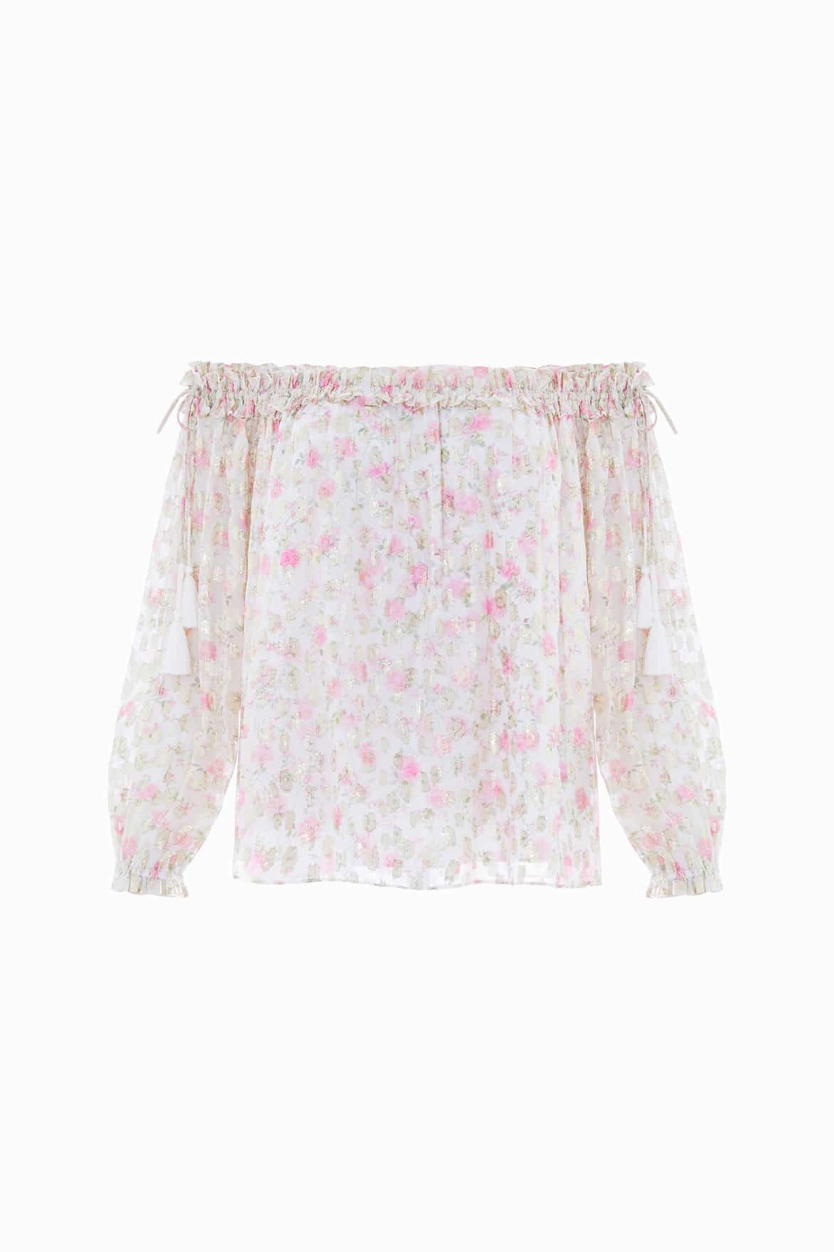Rose Ditsy Lurex Off-Shoulder Top Silicone Print Detail Bamboo Derived Material