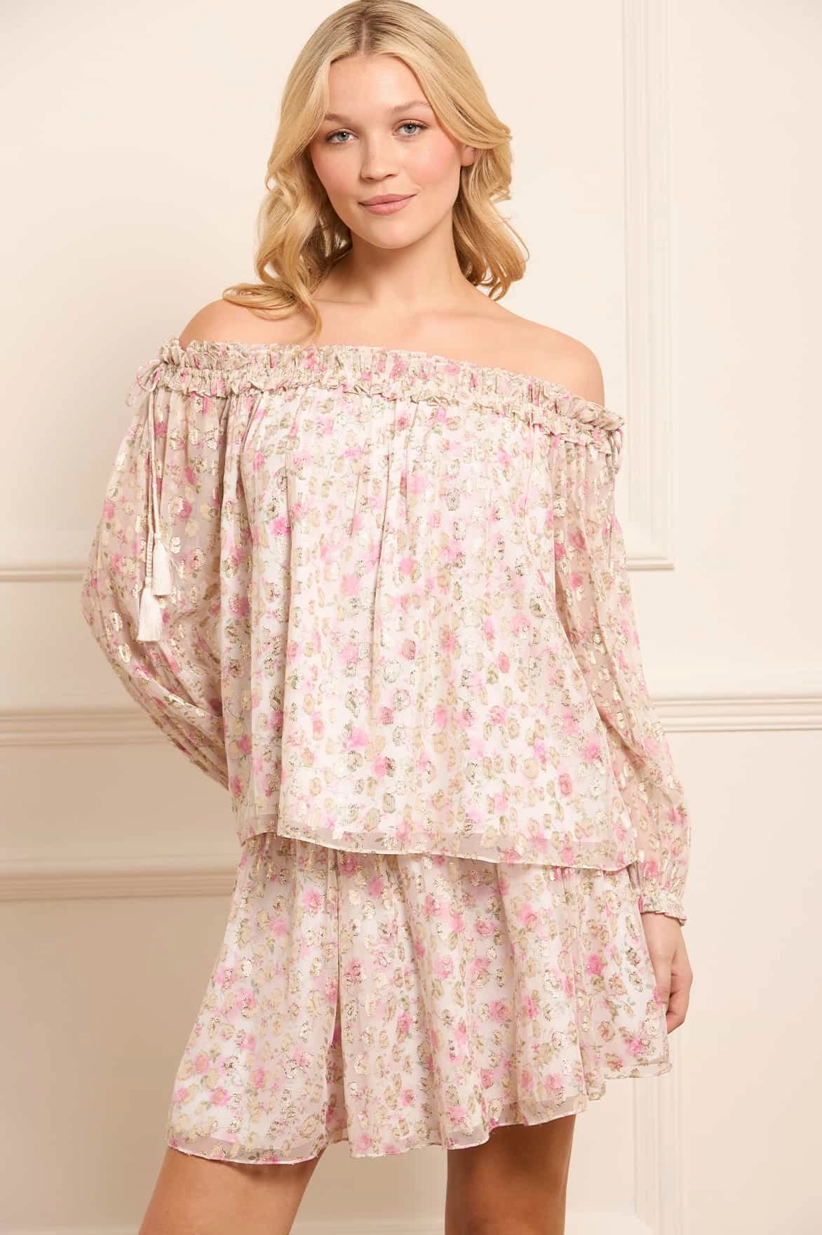 Rose Ditsy Lurex Off-Shoulder Top anti static coating Elasticized Waistband