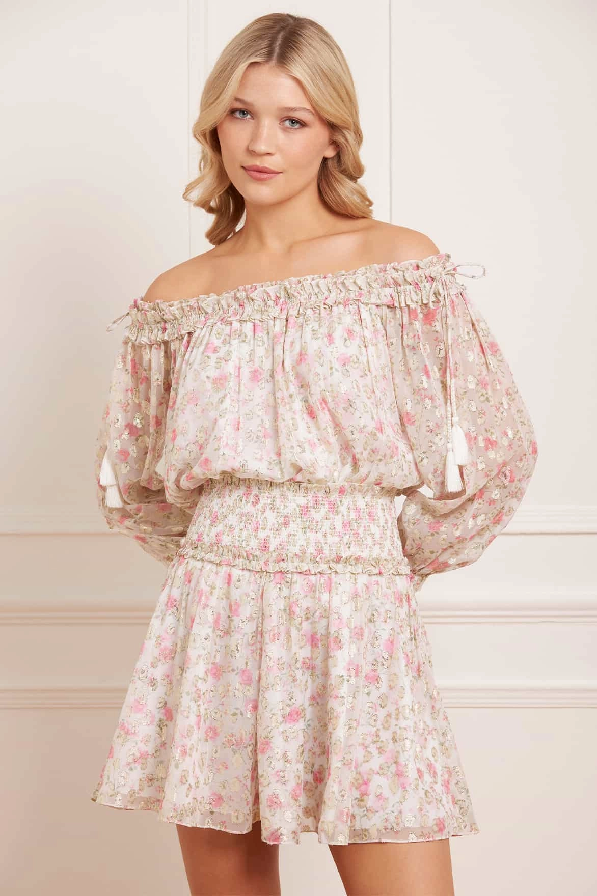 Rose Ditsy Lurex Off-Shoulder Top Relaxed Tank