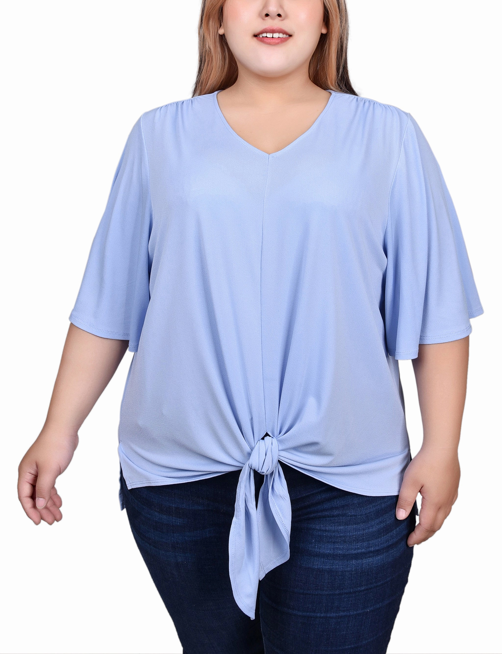 All Season Wear Fabric SoftBrushed Plus Size Elbow Sleeve Tie-Front Top