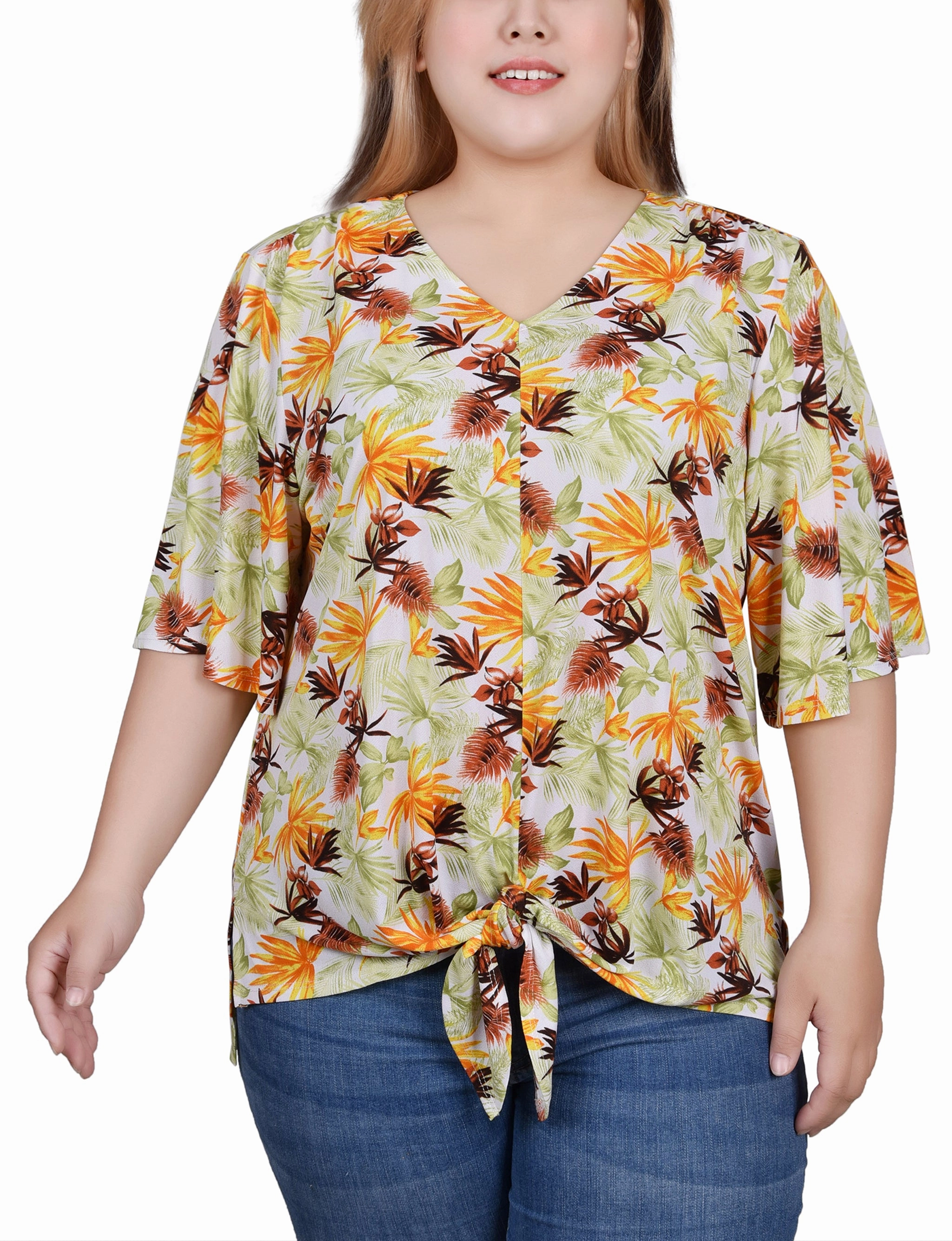 Plus Size Elbow Sleeve Tie-Front Top QuickRelease Closures CompactSize