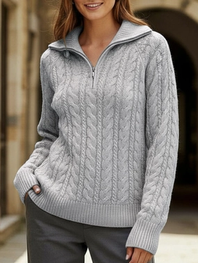 Lazy Retro Lapel Cable Zipper Sweater Tear Resistant Weave CrewNeck