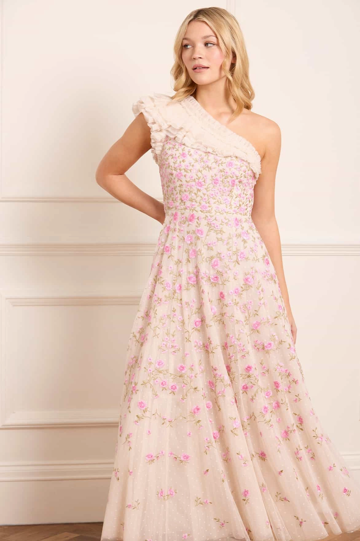 Dreamy Layers Lea Ditsy One-Shoulder Ankle Gown