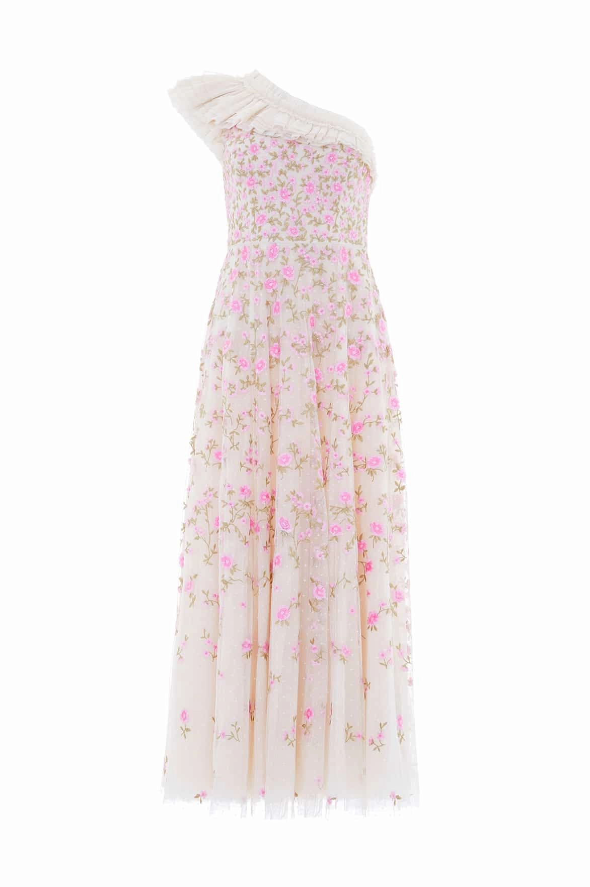 Refined Mood Urban Casual Lea Ditsy One-Shoulder Ankle Gown