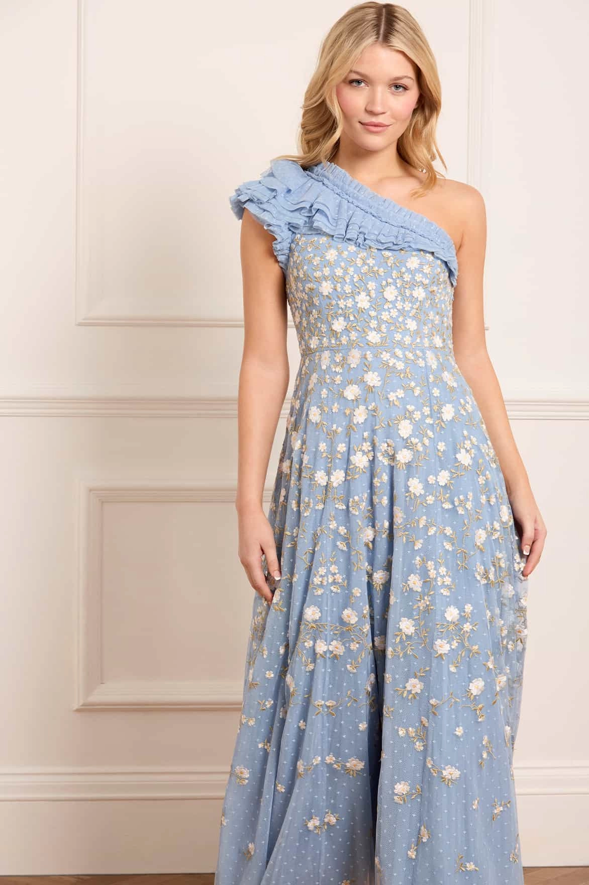 Smart Blend Modern Silhouette Lea Ditsy One-Shoulder Ankle Gown