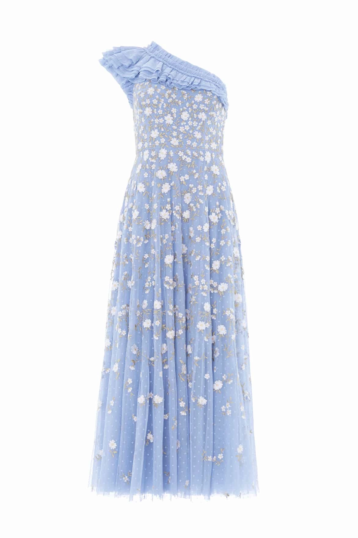 Summer-Season Pastel Sky Lea Ditsy One-Shoulder Ankle Gown