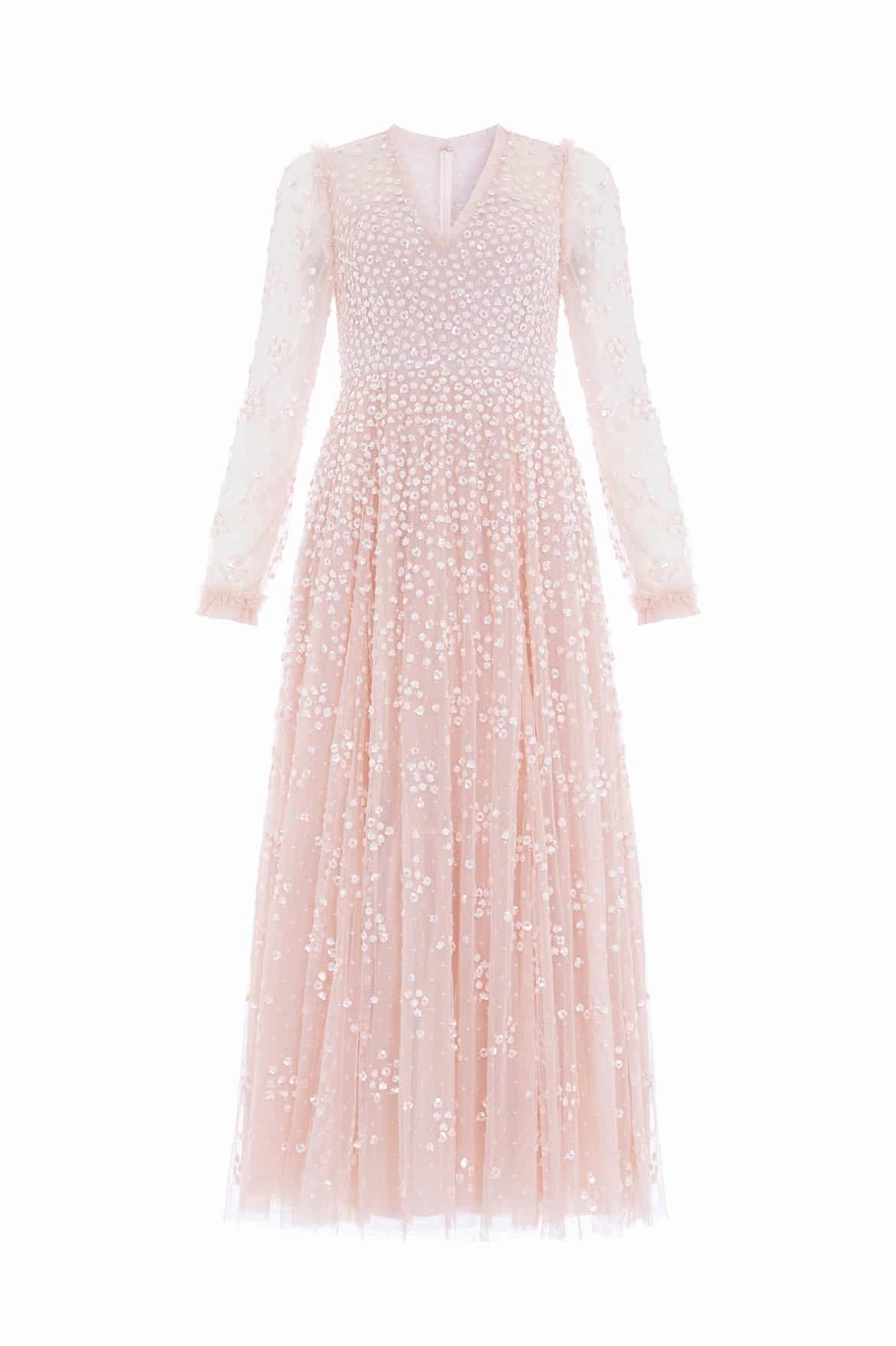 Year Rounder Scalloped-Edge Leila Dot V-Neck Ankle Gown