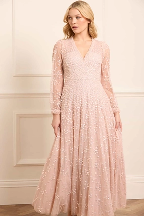 Leila Dot V-Neck Ankle Gown Sophisticated Cut