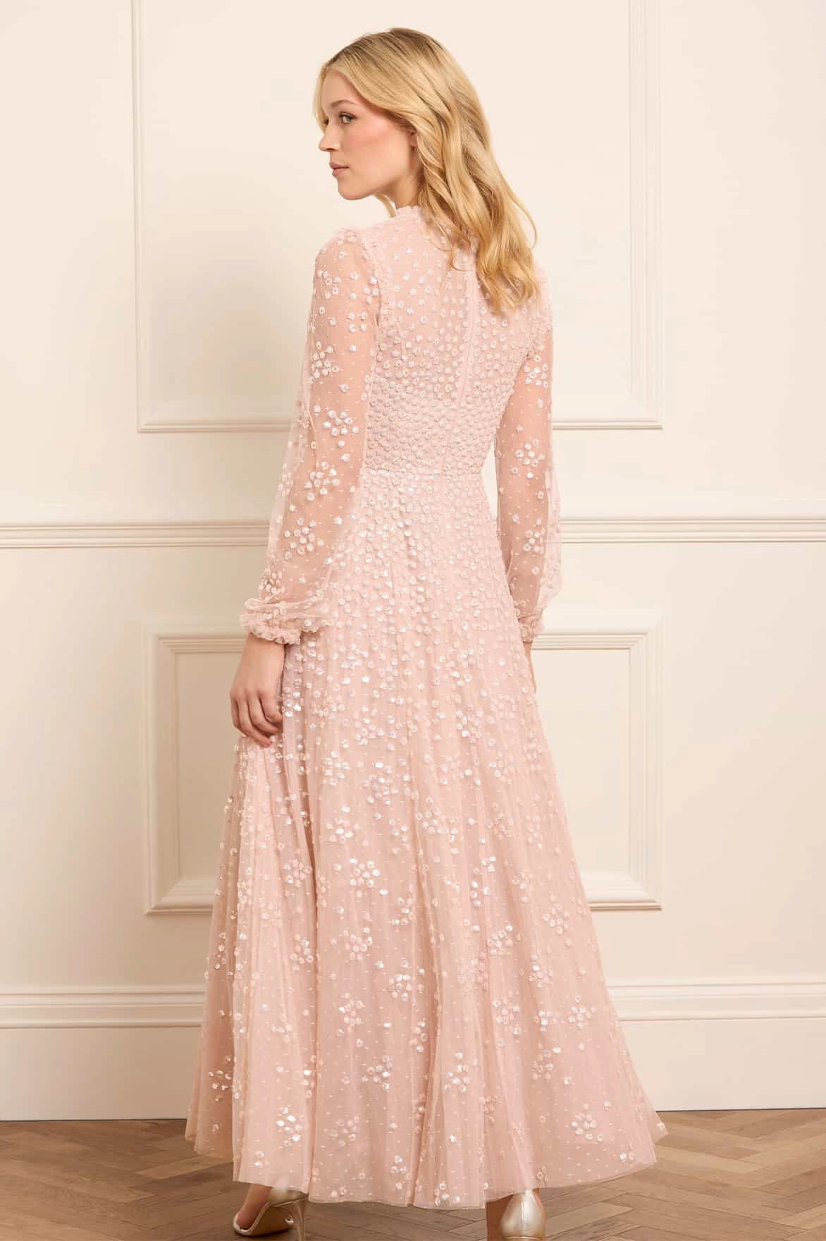 Leila Dot V-Neck Ankle Gown Flowing Design Stretchable