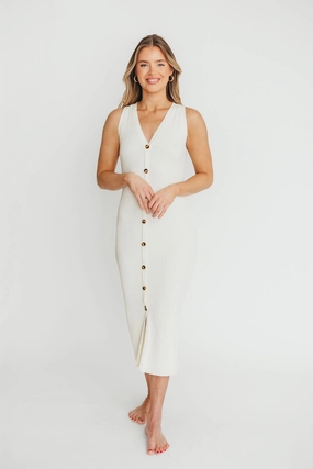 Blush Shade Lelani Button Down Ribbed Knit Midi Dress in White - Nursing Friendly