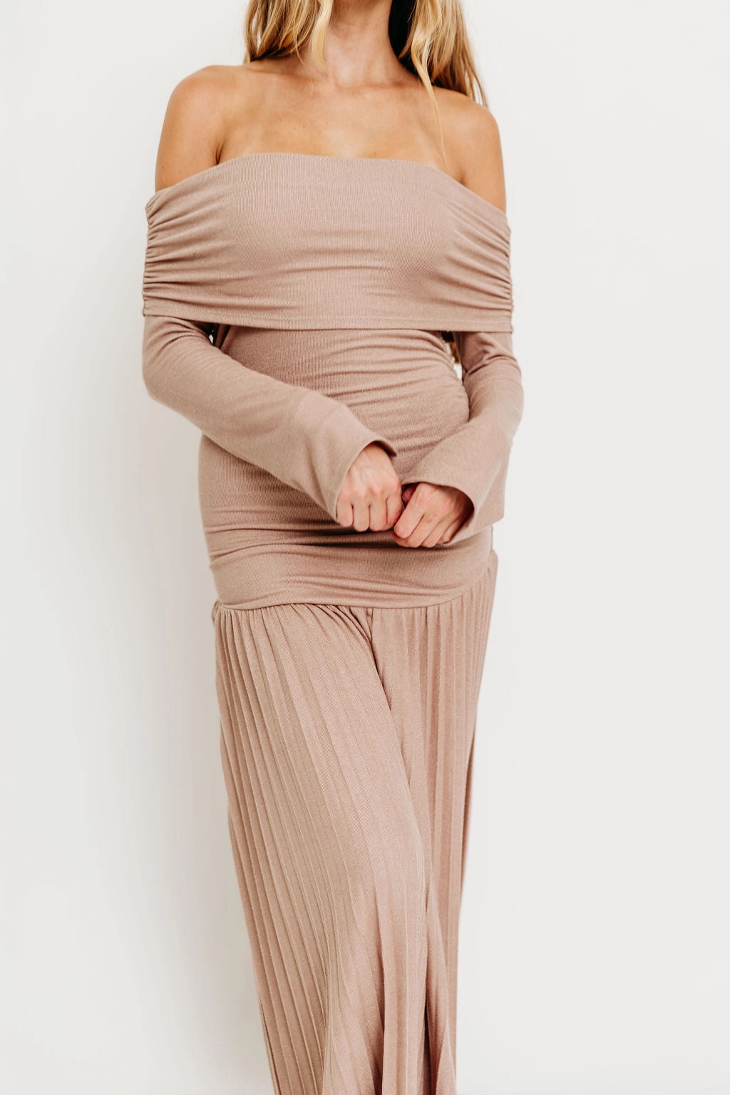Lennox Long Sleeve Maxi Dress in Taupe Matte-finish
