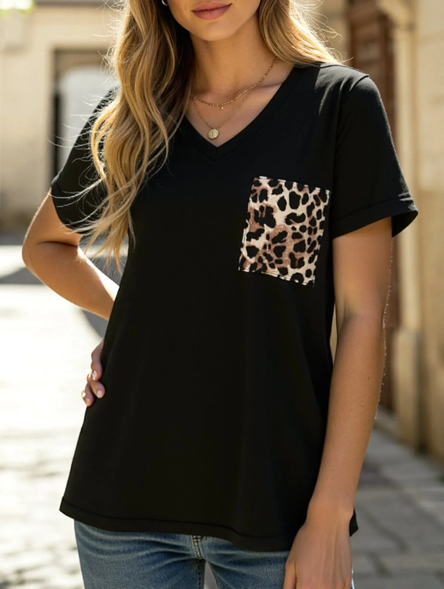 Two Tone Weave LEOPARD PATTERN BLOCKED CASUAL TOP