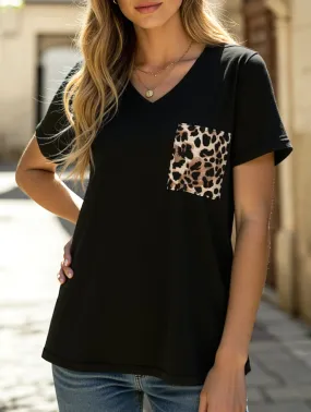No Iron Fabric Retro design LEOPARD PATTERN BLOCKED CASUAL TOP