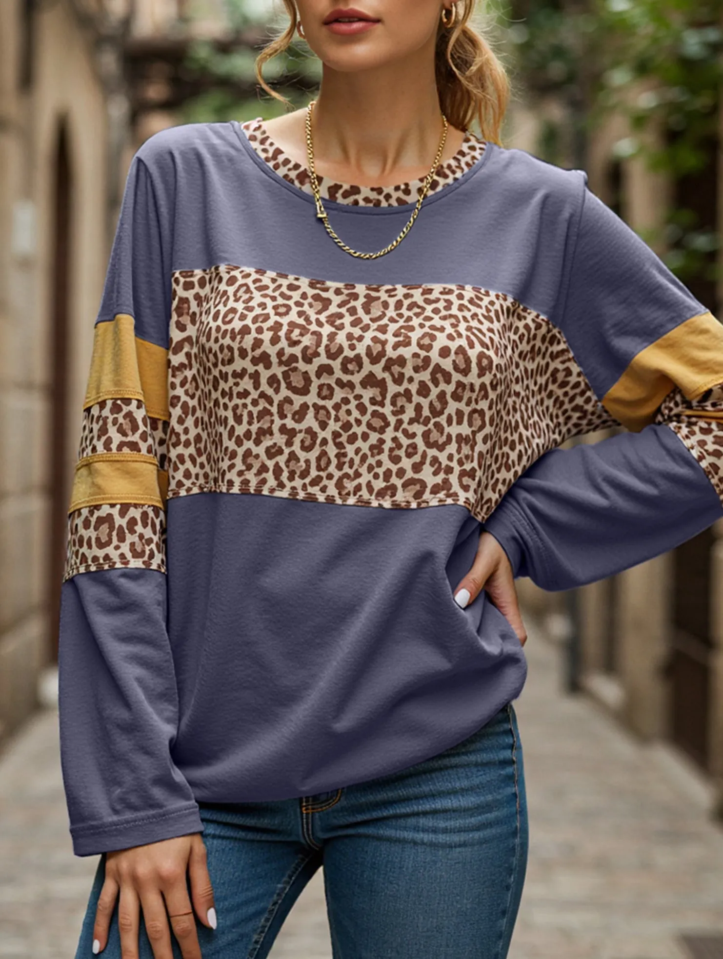 Versatile Base Layer Leopard-print asymmetrical hem long-sleeve top