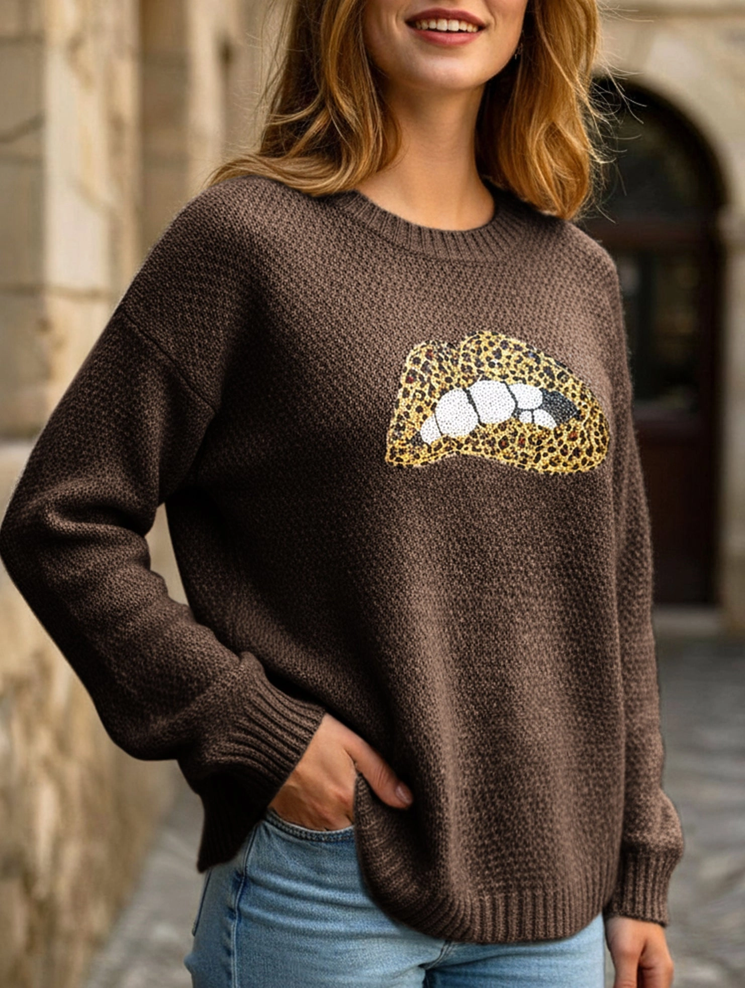 AntiStatic Weave leopard embroidered sequined sweater