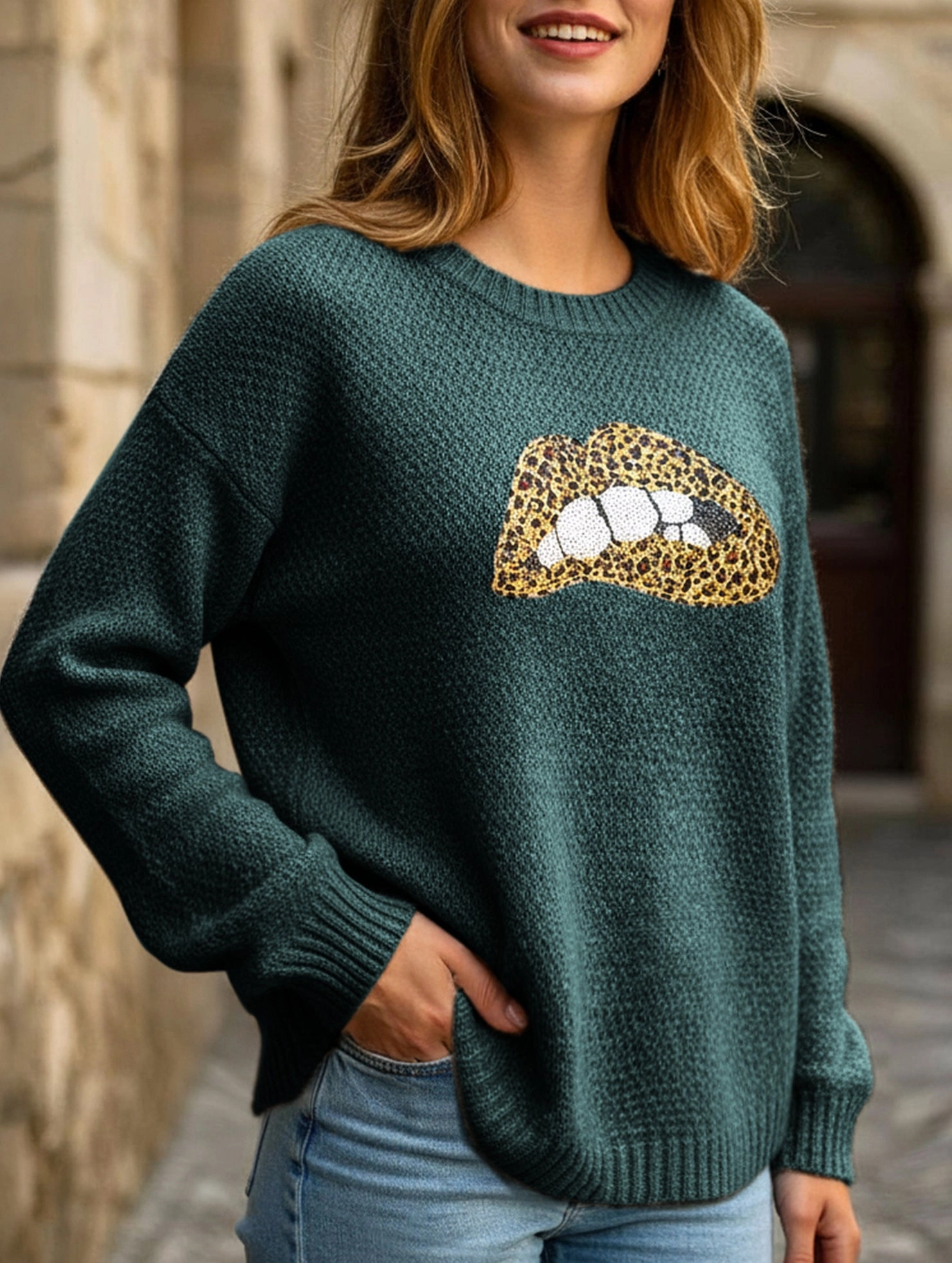 leopard embroidered sequined sweater Ethically Sourced Yarn