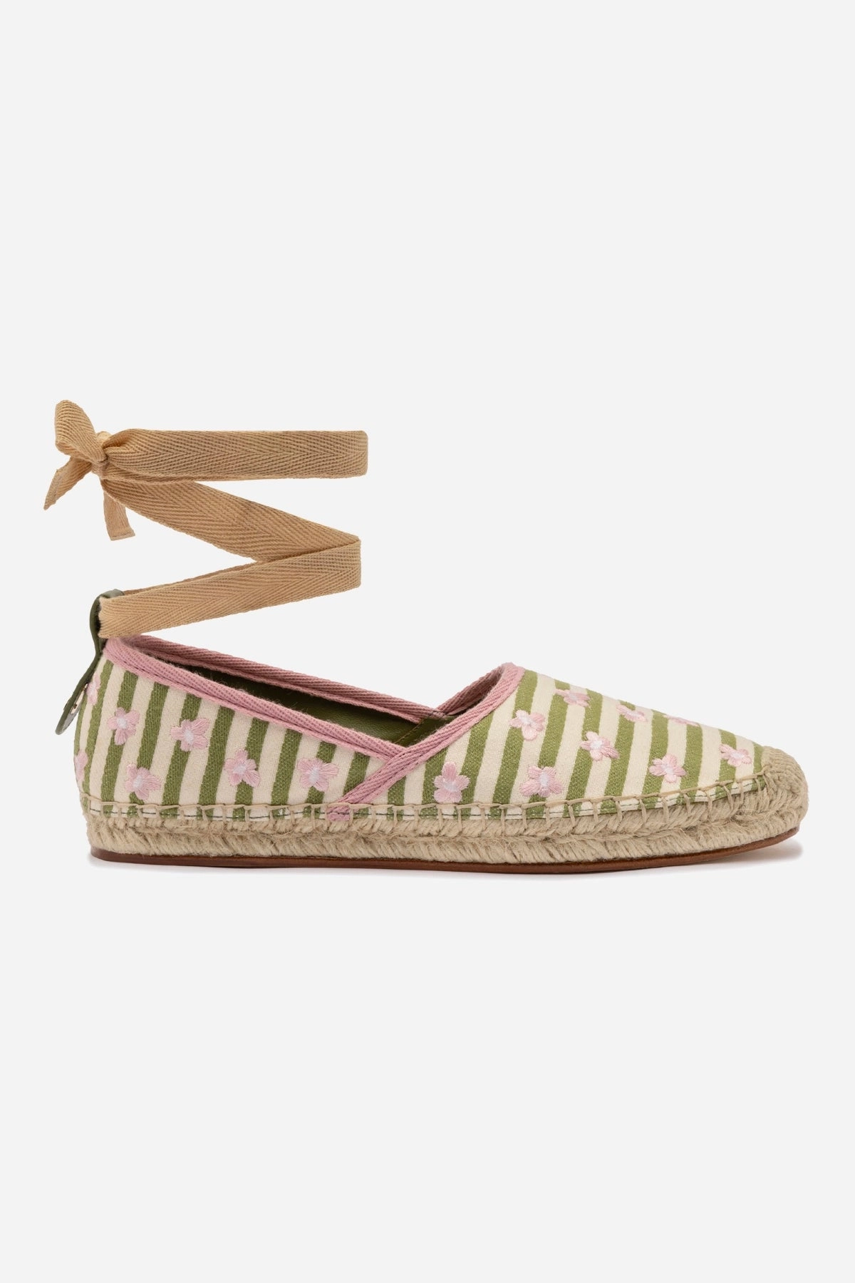 Running Letizia Espadrille Flat In Seaweed and Natural Striped Fabric and Daisy Embroidery