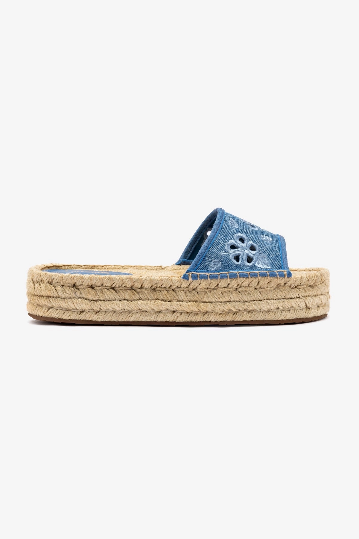 Letizia Espadrille Flatform In Blue Stoned Denim and Hibiscus Broderie Heat Mode Classic Silhouette Design