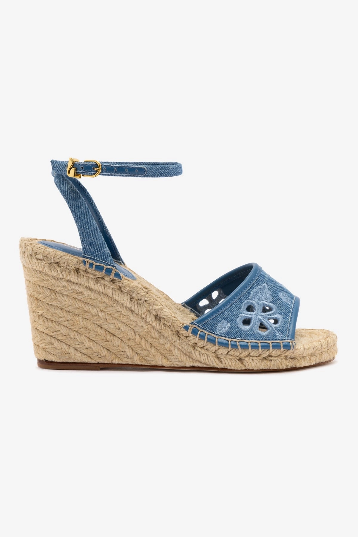 Star Walk Letizia Espadrille Wedge In Blue Stoned Denim and Hibiscus Broderie