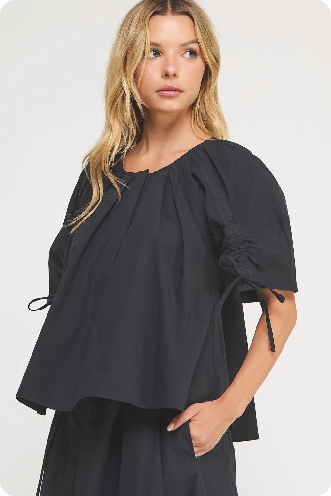 PolyesterBlend AthleisureCompatible Liana Tie Sleeve Top in Black