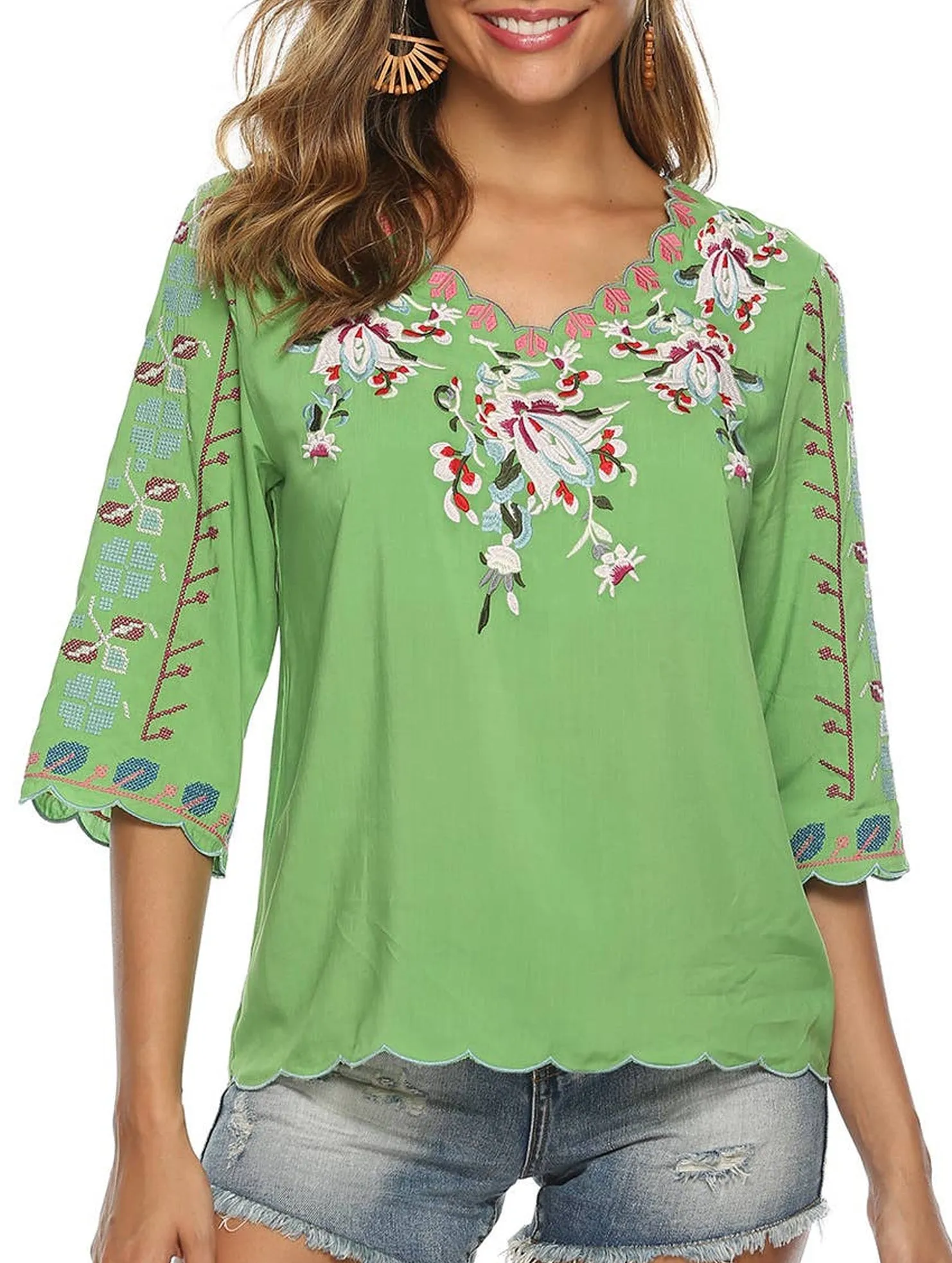 DropShoulderConstruction Seamless Knit Design COTTON V-NECK FLORAL EMBROIDERED TOP_CWTBLL0824