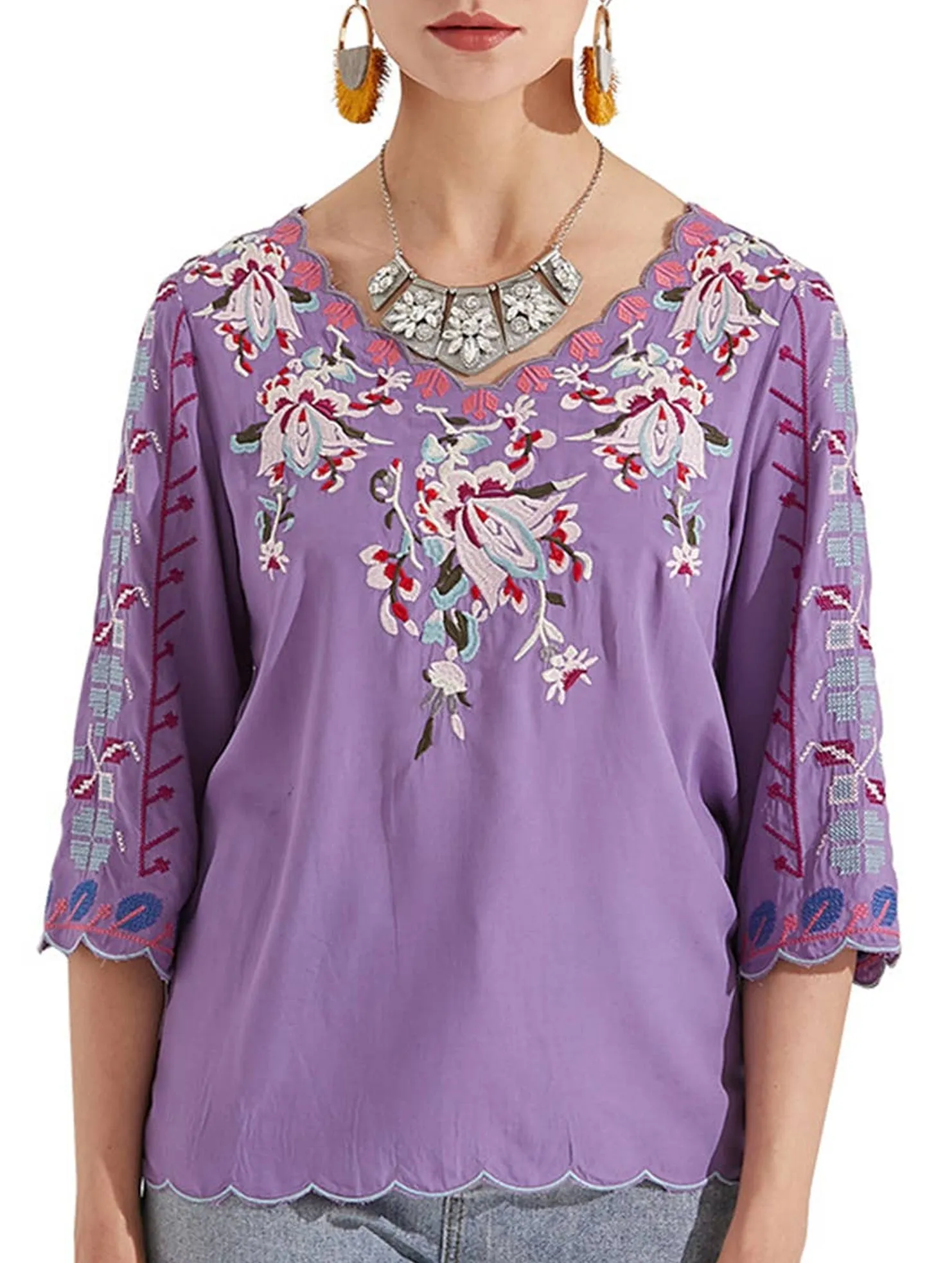 COTTON V-NECK FLORAL EMBROIDERED TOP_CWTBLL0824 AbrasionResistantEdging