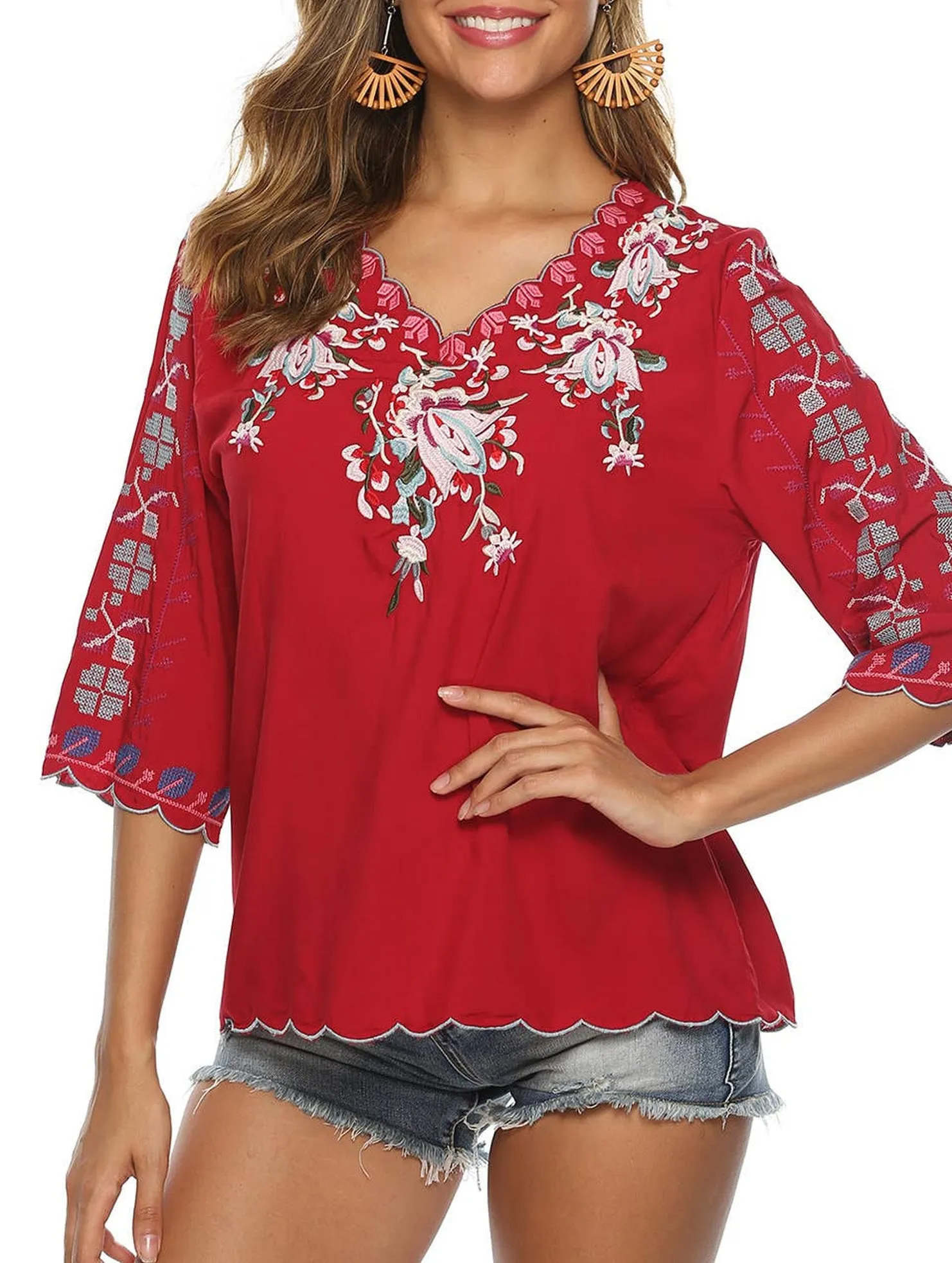 COTTON V-NECK FLORAL EMBROIDERED TOP_CWTBLL0824 Flexible Knit WrinkleResistant Cloth