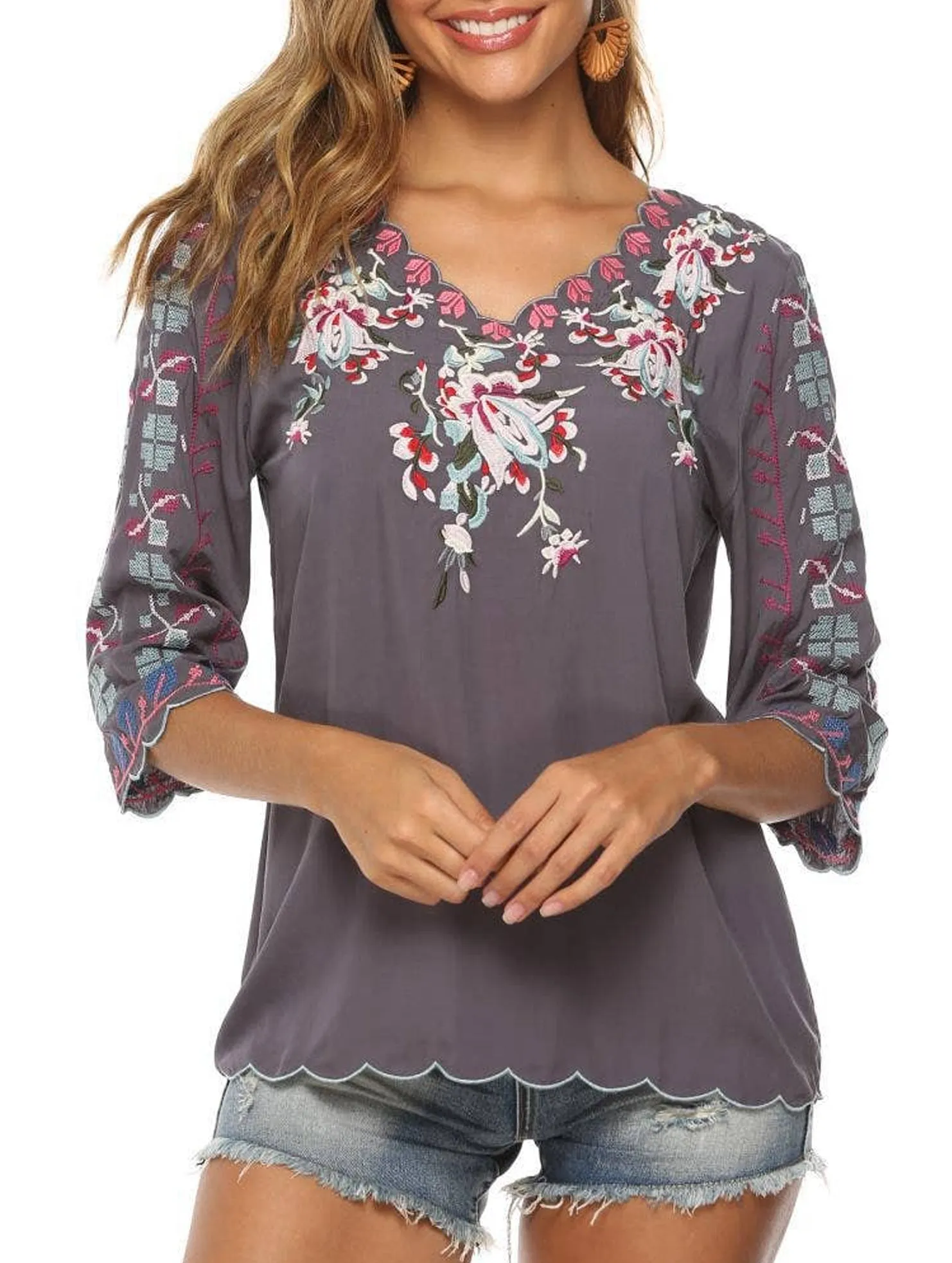 COTTON V-NECK FLORAL EMBROIDERED TOP_CWTBLL0824 Flexible Hemline Odor Resistant Coating