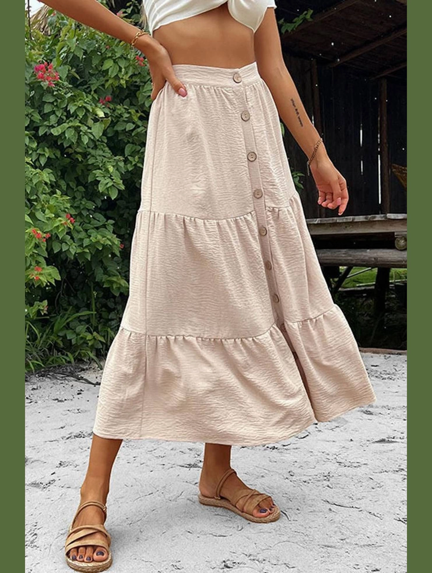 BUTTON DETAILED FLARE SKIRT Soft Waistband Wind Resistance