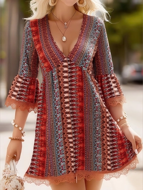 Fitted waist Women's V-Neck Ethnic Print Loose Short Dress ??Bohemian Summer Casual Dress