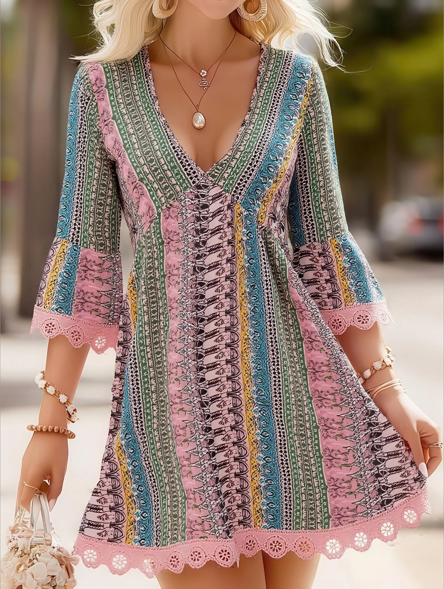 Women's V-Neck Ethnic Print Loose Short Dress ??Bohemian Summer Casual Dress Minimalist-Style Chic Comfort