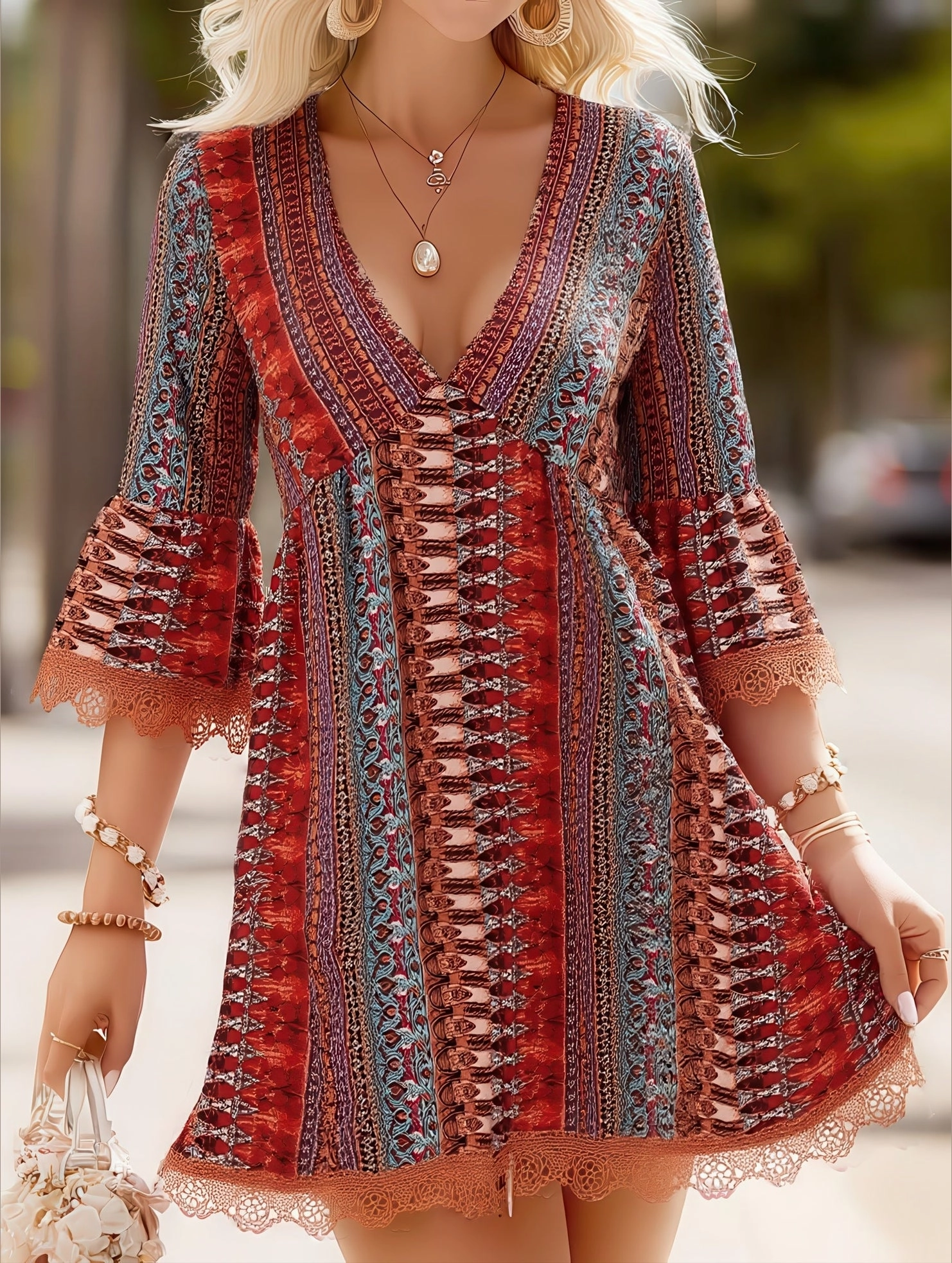 Women's V-Neck Ethnic Print Loose Short Dress ??Bohemian Summer Casual Dress Graceful Ease