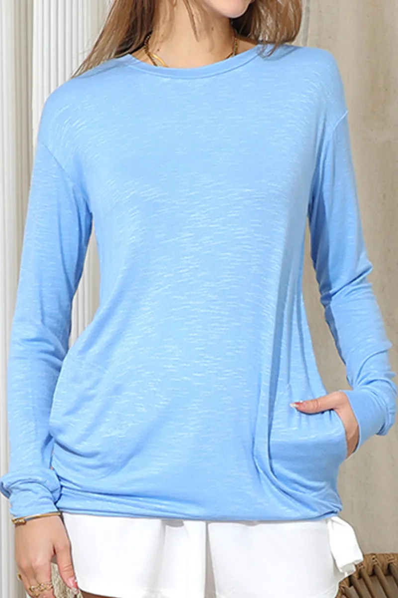 Odor Resistant LONG SLEEVE ROUND NECK BASIC TUNIC TOP WITH POCKET
