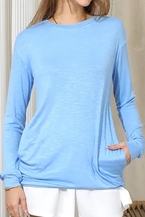 LONG SLEEVE ROUND NECK BASIC TUNIC TOP WITH POCKET ReinforcedArmholes WrinkleResistant