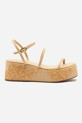 Energy Returning Foam Gio Flatform In Beige Raffia and Hibiscus Embroidery